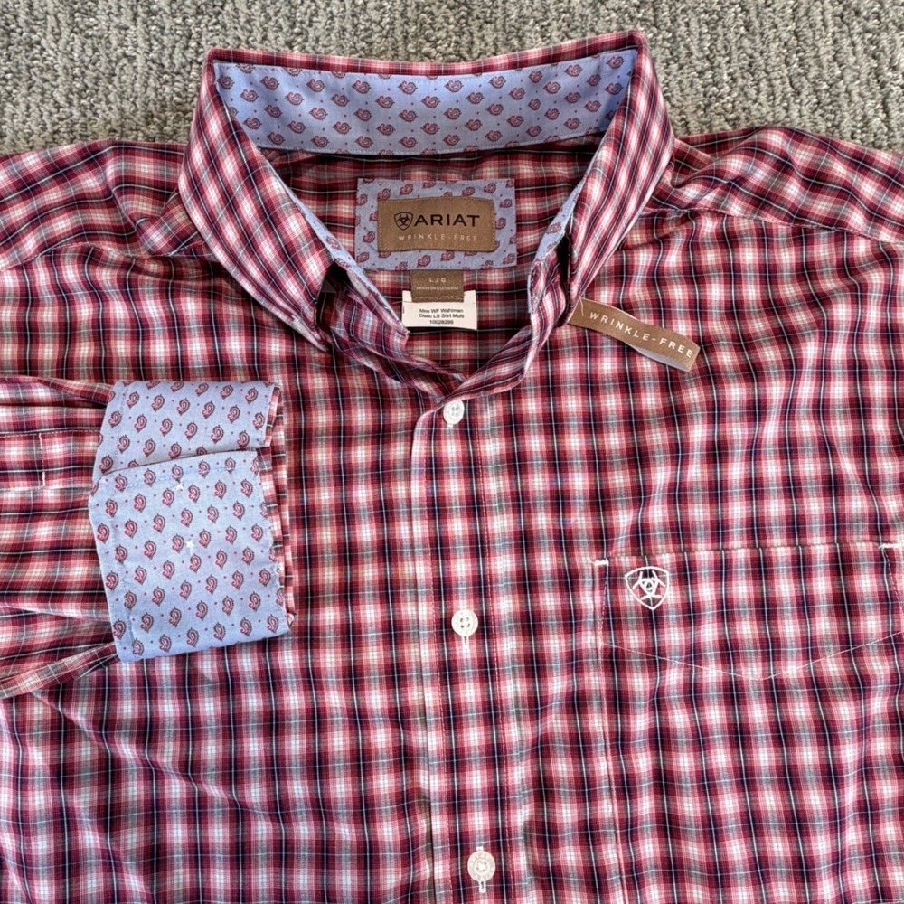 NEW Ariat Button Down Shirt Mens Large Red Plaid Wrinkle Free Wahlman Classic LS